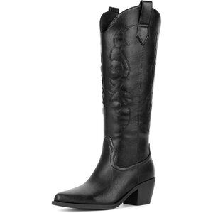 Women Black Polyurethane Classic Embroidery Side Zipper Knee High Western Boots